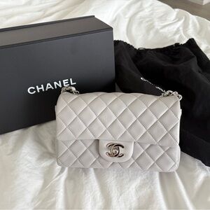 Chanel Light Grey Rectangle Mini Lambskin Classic Flap Silver Hardware
